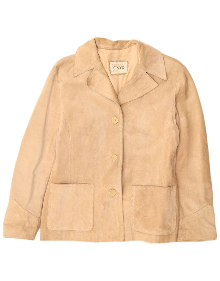 Onyx Damen 3-Knopf-Wildleder-Blazerjacke IT 44 Mittelbeiges Leder