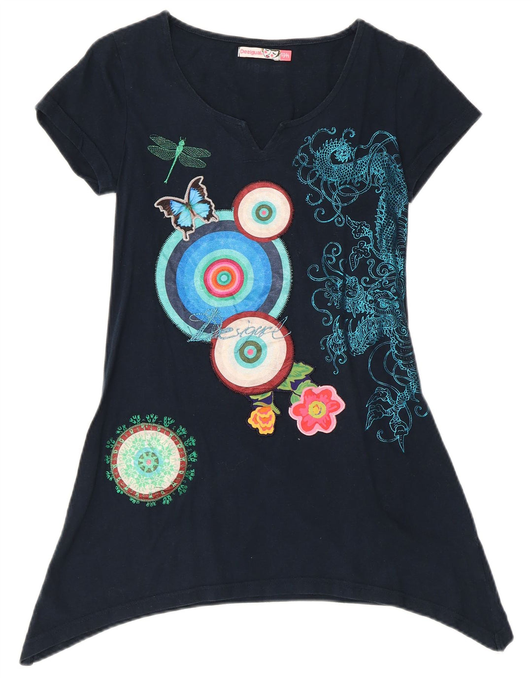 DESIGUAL Grafisches asymmetrisches Tunika-Oberteil für Mädchen, 13–14 Jahre, Marineblau mit Blumenmuster