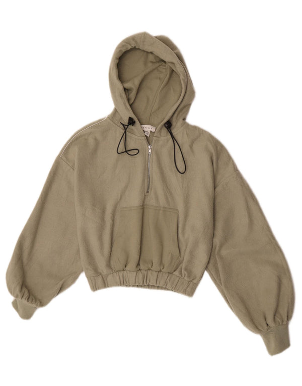Topshop Womens Crop Hooded Zip Neck Fleece Pullover UK 6 XS Khaki Polyester