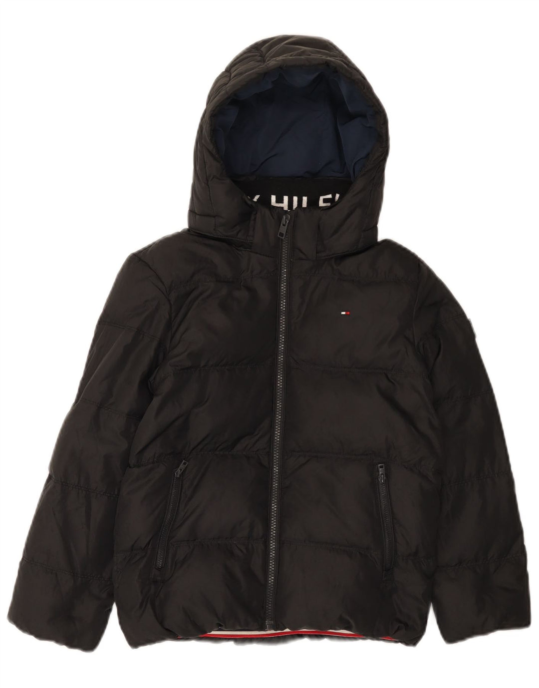 Tommy Hilfiger wattierte Jungenjacke mit Kapuze, 7–8 Jahre, schwarzes Polyester