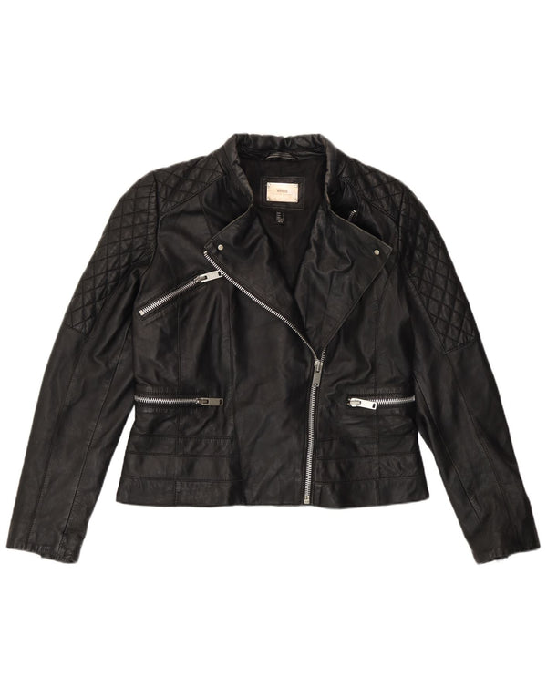 Mango Damen Leder Bikerjacke UK 16 Large Schwarzes Leder