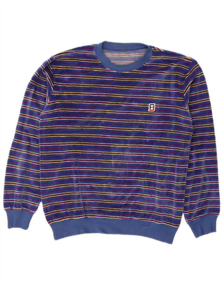 Vintage Herren Velours Sweatshirt Pullover Klein Blau gestreift