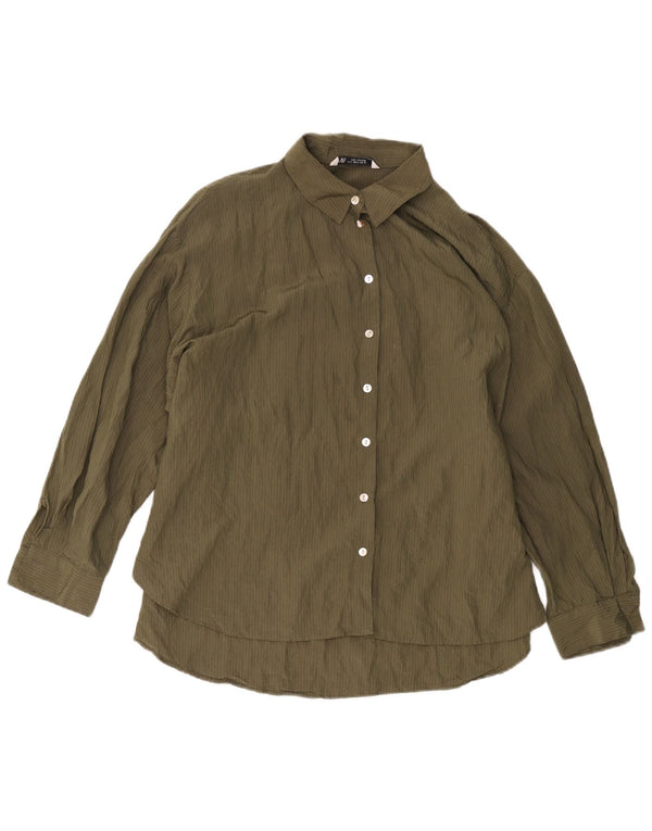 Zara Damen-Oversize-Hemd UK 18 XL Grüne Nadelstreifen-Viskose