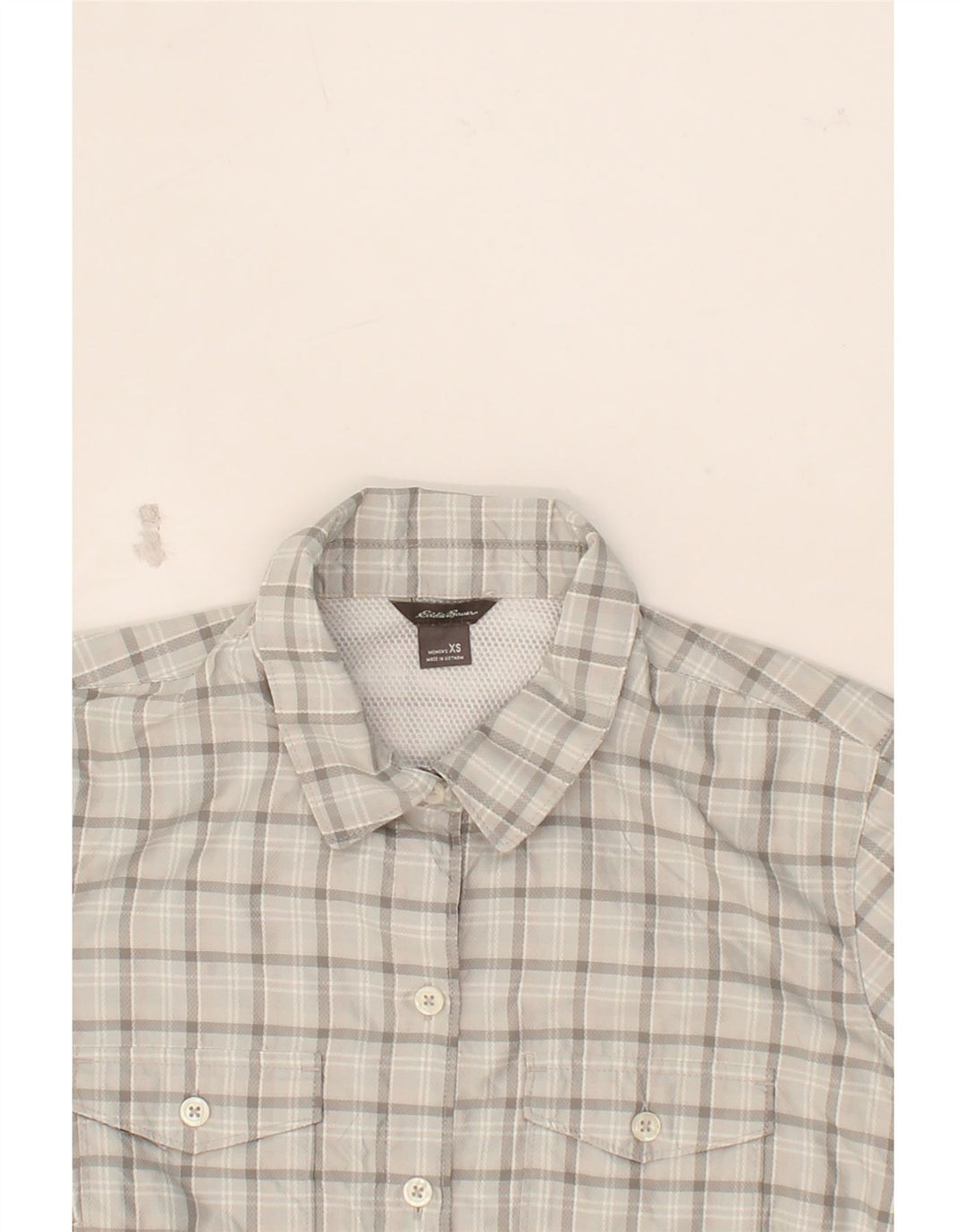 EDDIE BAUER Womens Loose Fit Shirt UK 6 XS Grey Check Polyester Vintage Eddie Bauer and Second-Hand Eddie Bauer from Messina Hembry 