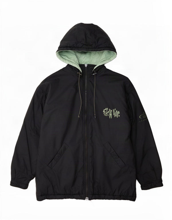 Wattierte Vintage-Herrenjacke mit grafischer Kapuze, UK 42 XL, schwarzes Polyamid
