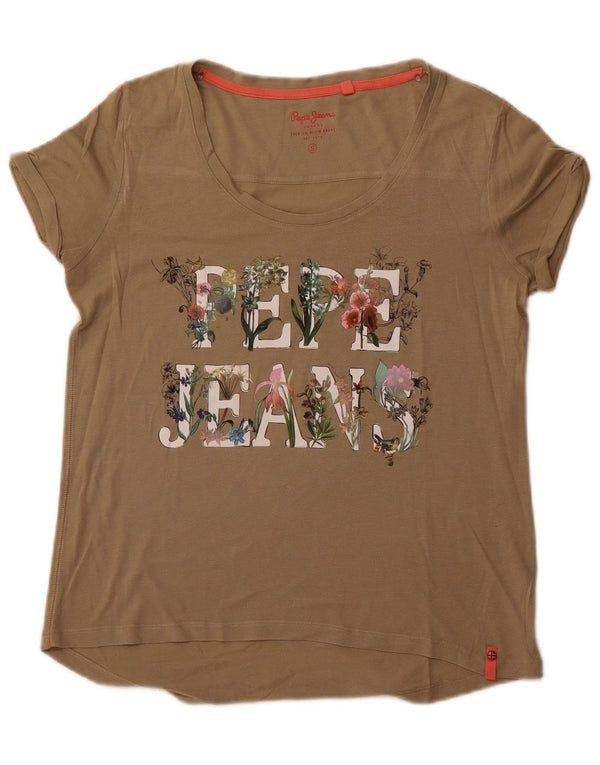 PEPE Jeans Womens Graphic T-Shirt Top UK 10 Small Khaki Floral