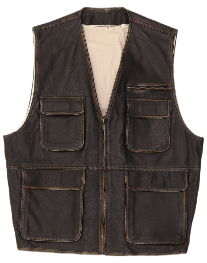 Vintage Herren-Leder-Utility-Gilet UK 38 Mittelschwarz