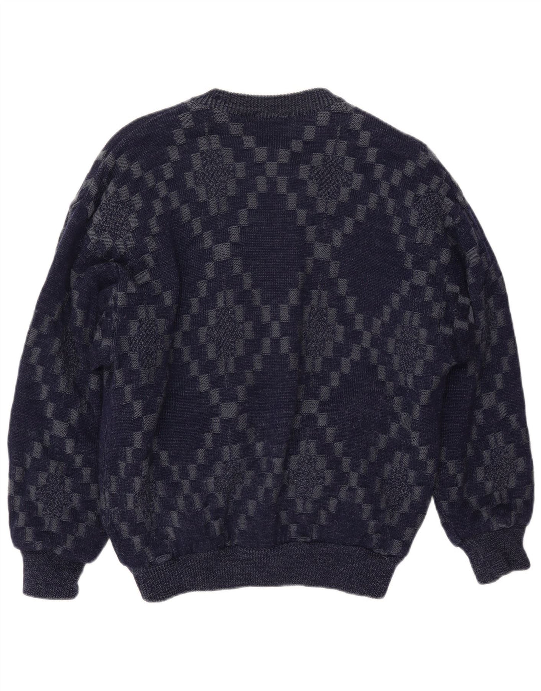 VINTAGE Herren Cardigan Pullover Große marineblaue geometrische Viskose