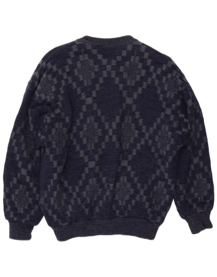 VINTAGE Herren Cardigan Pullover Große marineblaue geometrische Viskose