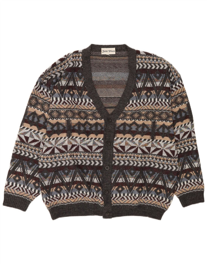 Vintage Herren Cardigan Pullover mittelgraue geometrische Wolle