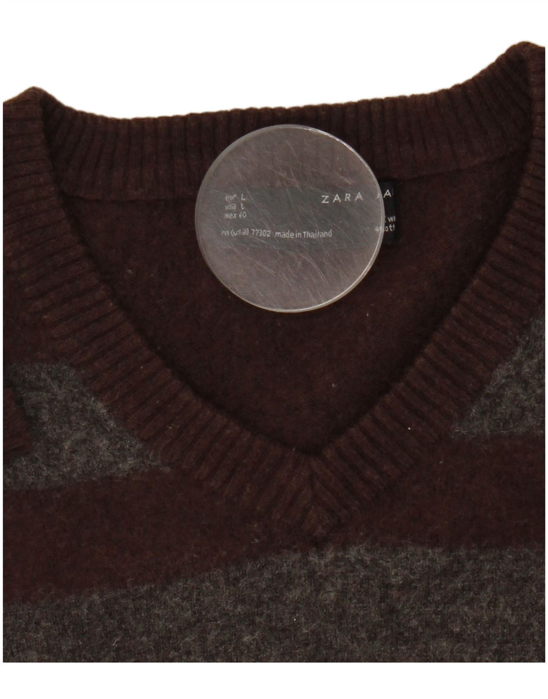 Zara Herren-Pullover mit V-Ausschnitt aus mittelbraun gestreifter Wolle