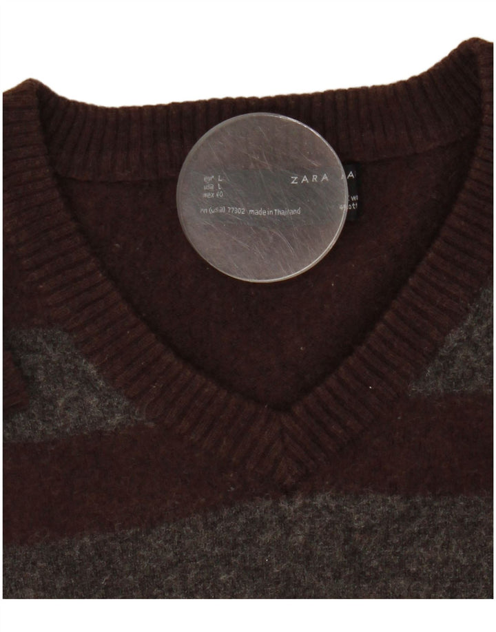 Zara Herren-Pullover mit V-Ausschnitt aus mittelbraun gestreifter Wolle