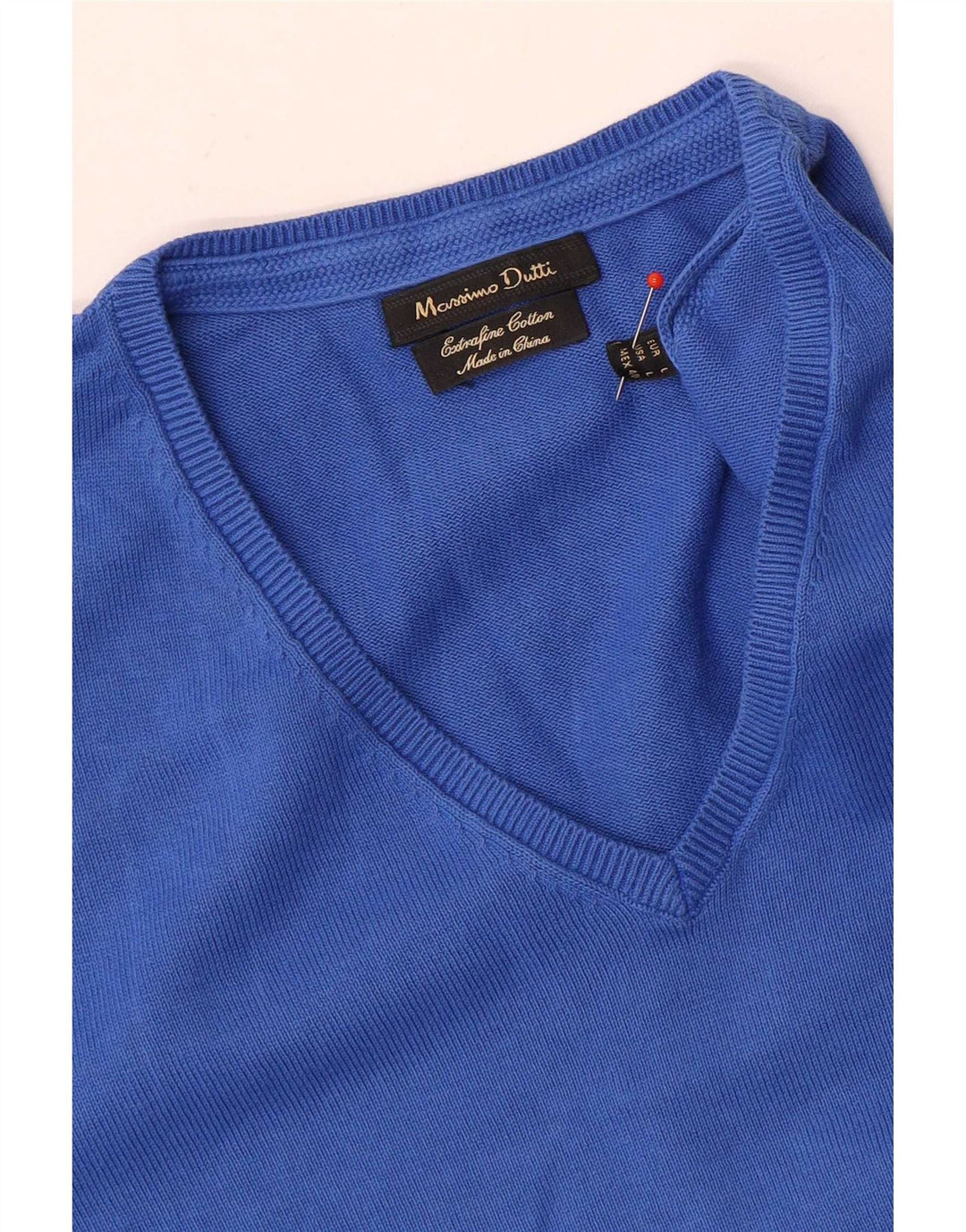 Massimo Dutti Herren-Pullover mit V-Ausschnitt, groß, aus blauer Baumwolle