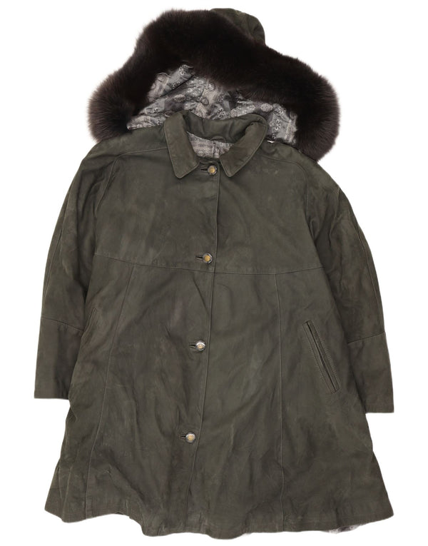 Vintage Damen Kapuzen-Wildledermantel UK 18 XL Grünes Leder