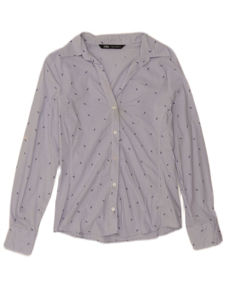 Zara Damenhemd UK 12 Mittelblaue Nadelstreifen-Baumwolle