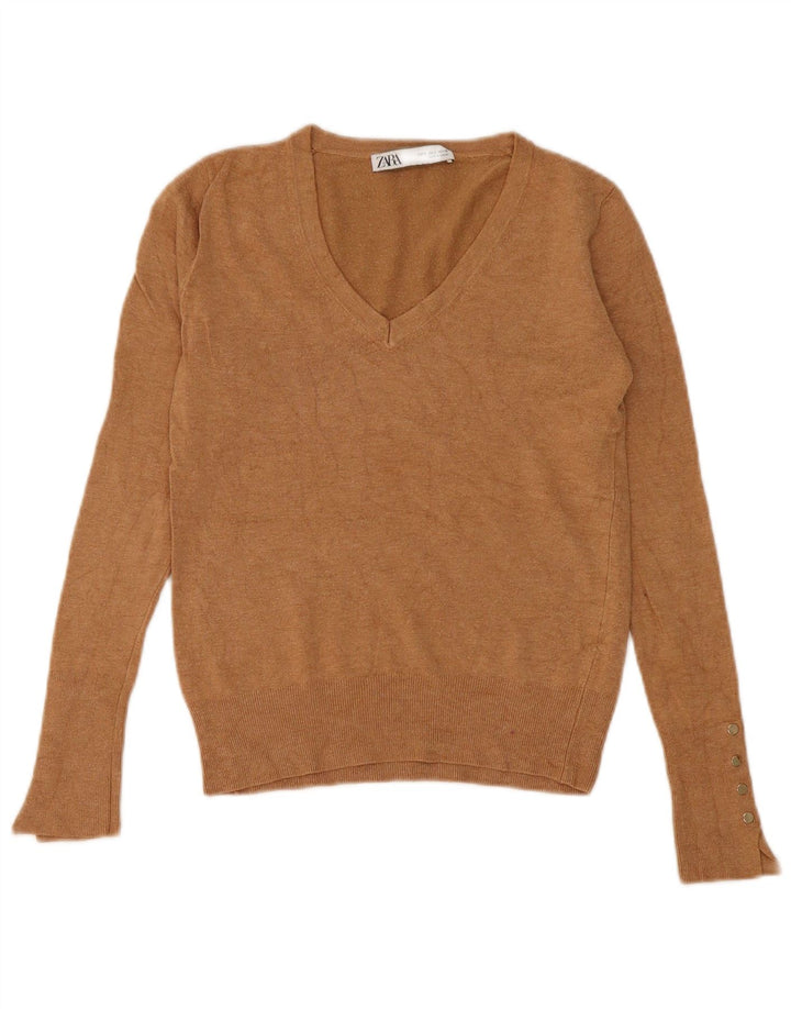 Zara Damen-Pullover mit V-Ausschnitt, Gr. 10, Größe S, Beige