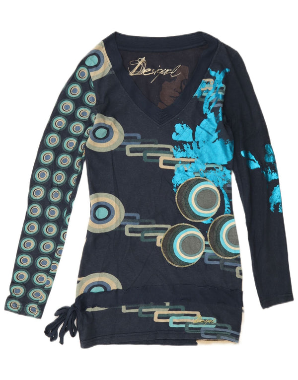 Desigual Womens Graphic Top Langarm UK 6 XS Marineblaue geometrische Baumwolle