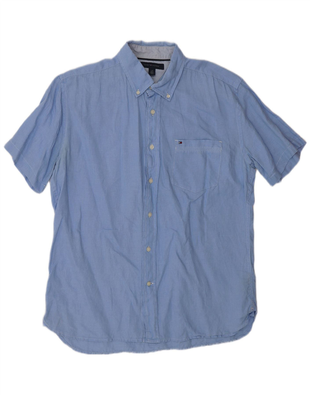 Tommy Hilfiger Herren-Kurzarmhemd, groß, blaues Leinen