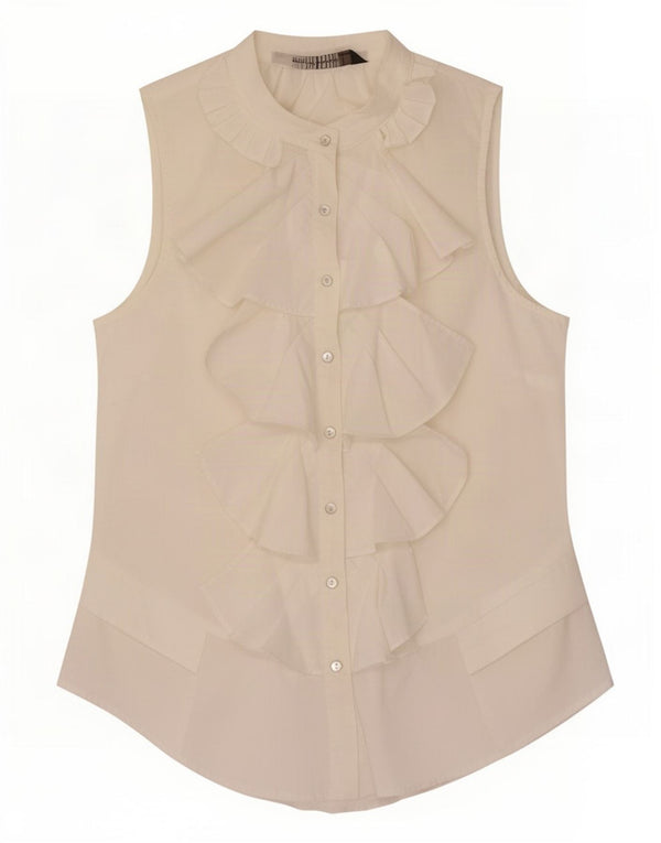 Zara Damen ärmellose Hemdbluse mit Rüschen vorne, UK 10, Größe S, weiße Baumwolle