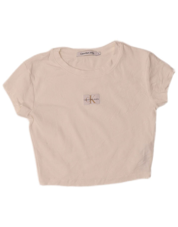 Calvin Klein Jeans Damen Crop T-Shirt Top UK 12 Mittelweiße Baumwolle