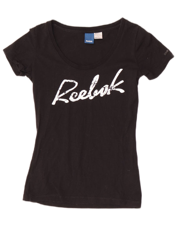 Reebok Damen Graphic T-Shirt Top UK 8 Small Schwarz Baumwolle