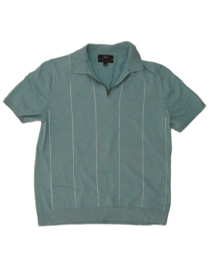 Marks & Spencer Herren Kurzarm-Poloshirt Mittel Türkis gestreift