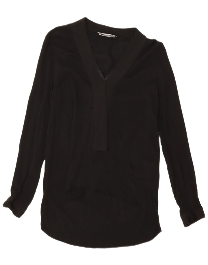 Zara Damen Langarm-Blusenoberteil UK 14 Mittelschwarze Viskose