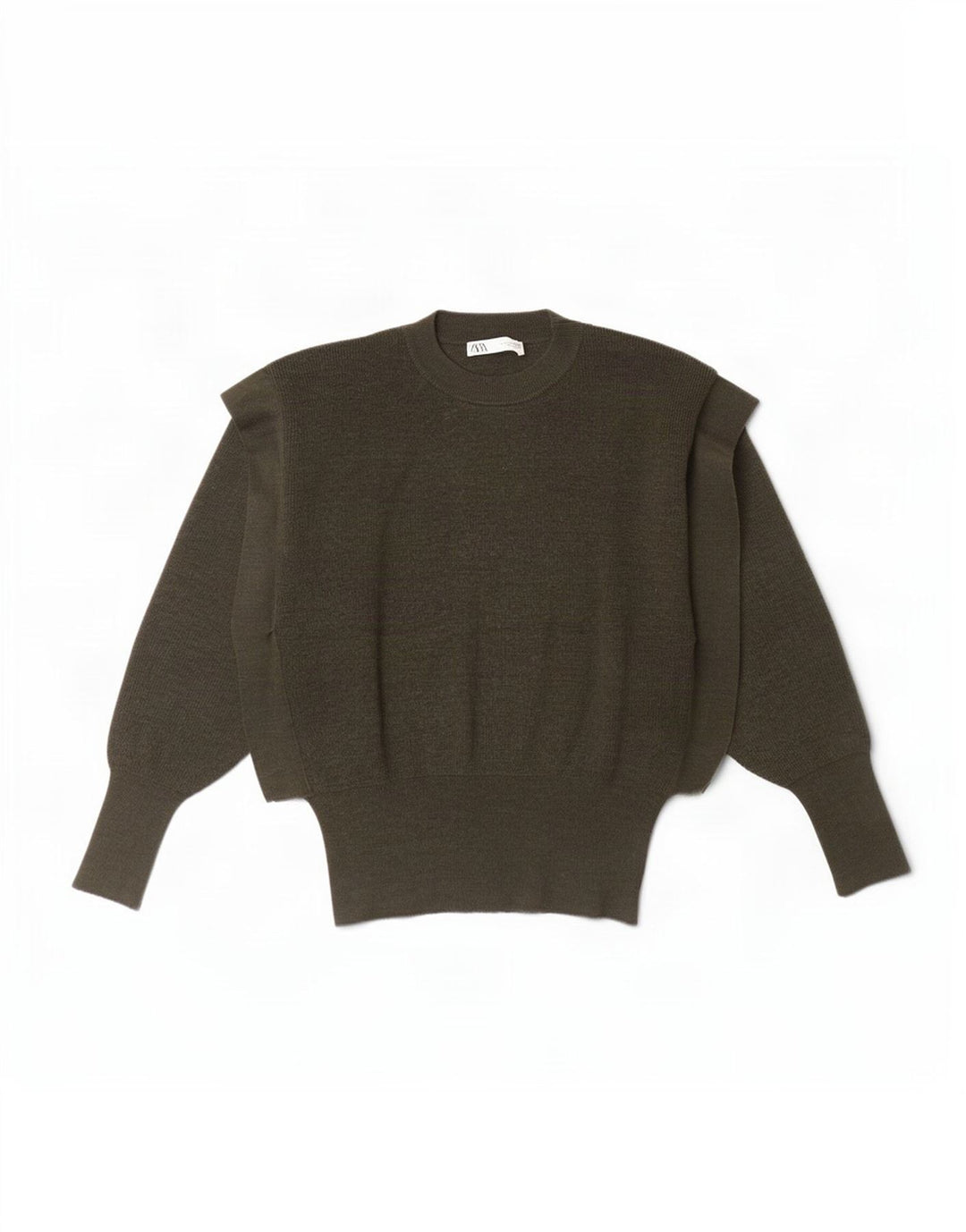 Zara Damen-Pullover mit Fledermausärmeln und Rundhalsausschnitt, UK 10, kleine Khaki-Wolle
