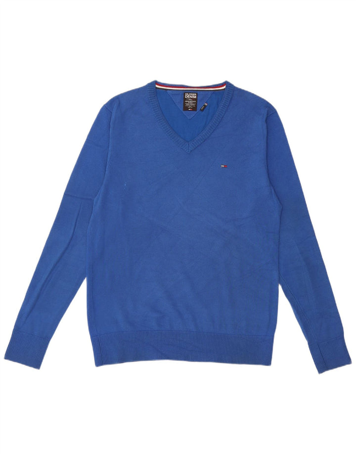 Tommy Hilfiger Herren-Pullover mit V-Ausschnitt aus mittelblauer Baumwolle