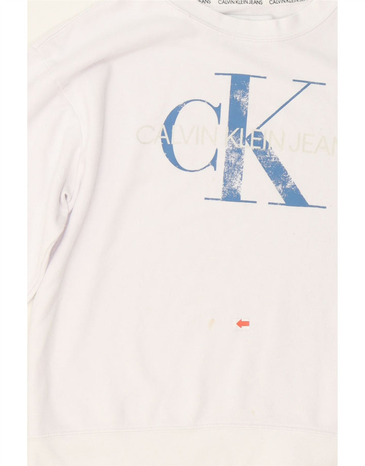 CALVIN KLEIN JEANS Womens Graphic Sweatshirt Jumper UK 14 Medium White Vintage Calvin Klein Jeans and Second-Hand Calvin Klein Jeans from Messina Hembry 