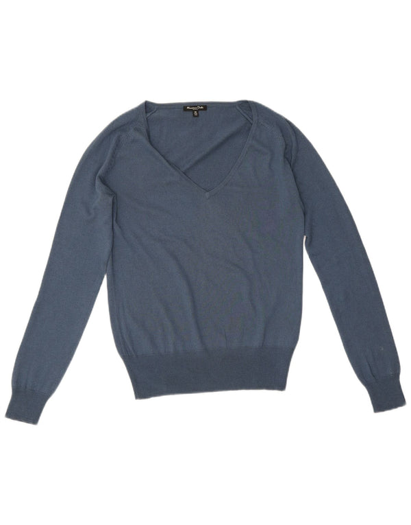 Massimo Dutti Damen-Pullover mit V-Ausschnitt, UK 12, mittelblaue Seide