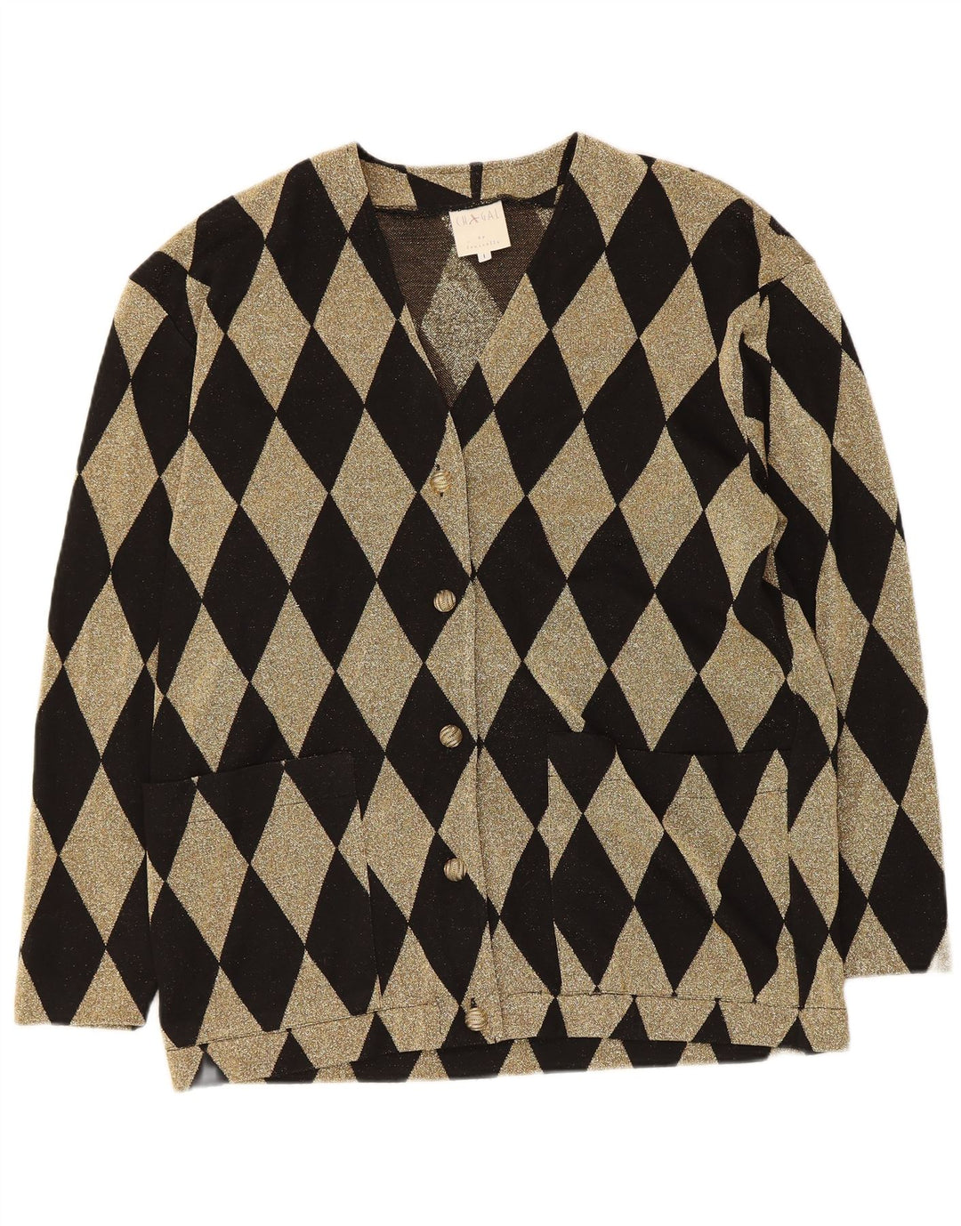 Vintage Damen Oversized Cardigan Pullover UK 16 Groß Schwarz Argyle/Diamant