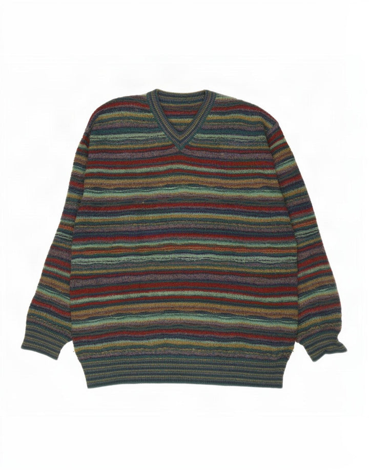Vintage Herren Pullover mit V-Ausschnitt, groß, grün gestreift, Wolle