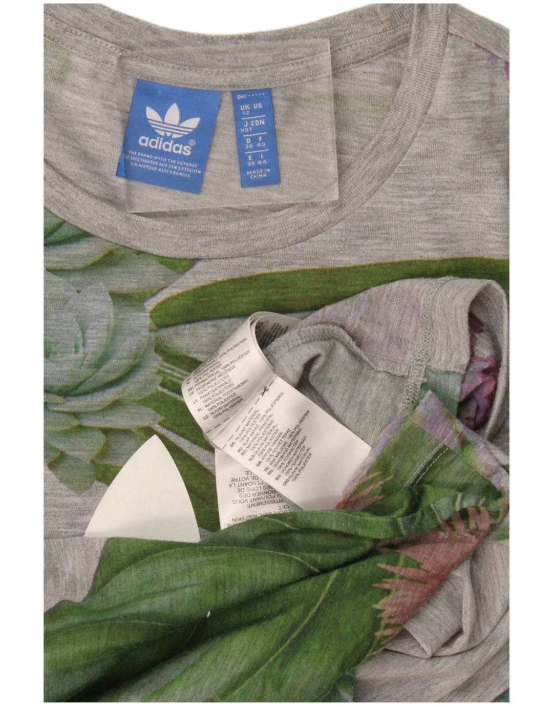 Adidas Damen Graphic T-Shirt Top UK 12 Mittelgraues Blumenmuster aus Polyester