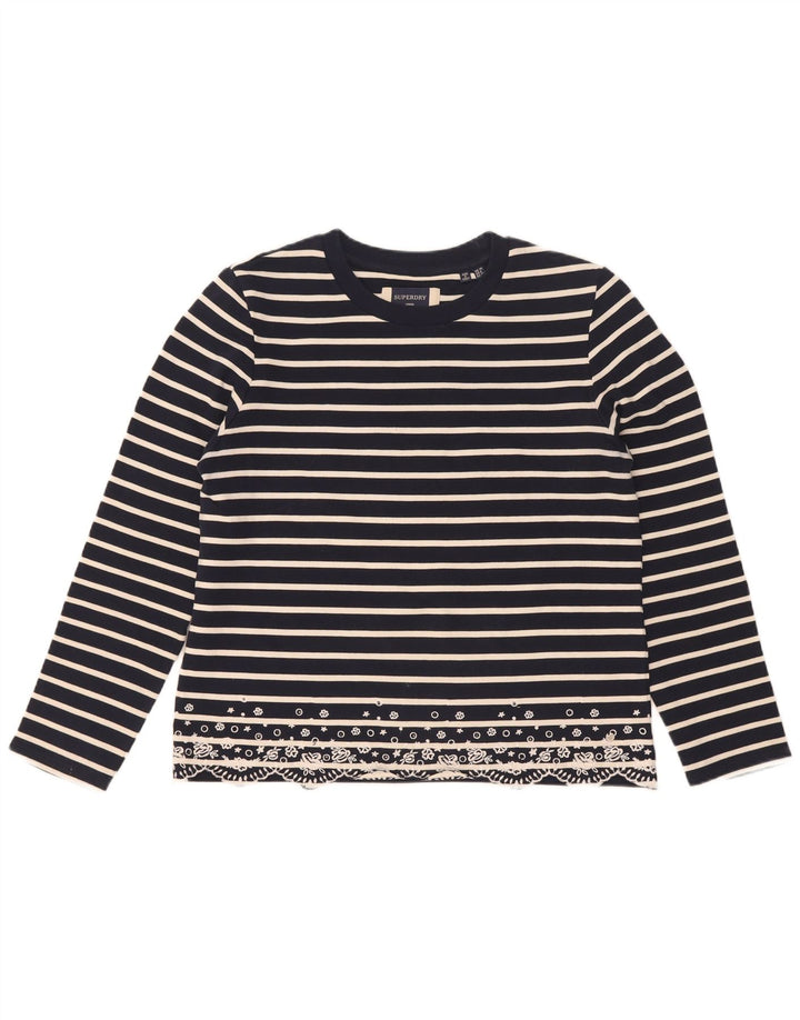 Superdry Damen Übergroßes Top Langarm UK 10 Small Marineblau gestreift