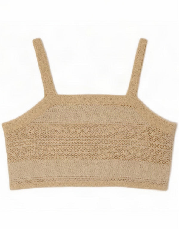 Vintage Damen Häkel-Crop-Top UK 12 Medium Beige