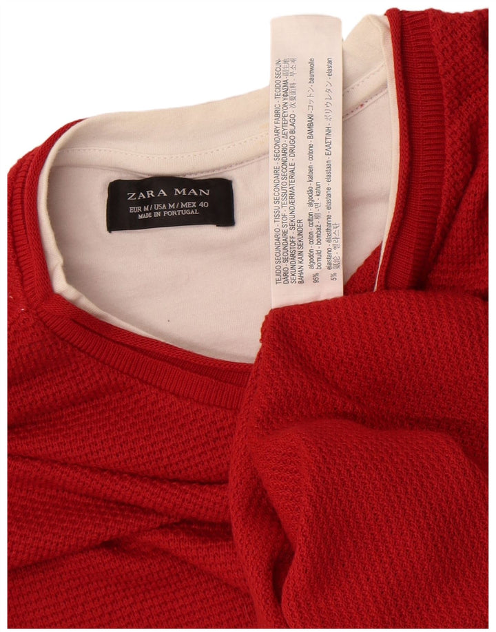 Zara Herren-Pullover mit Rundhalsausschnitt, mittelrote Colourblock-Baumwolle