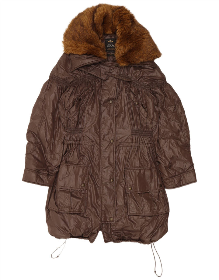 Replay Damen-Windbreaker-Mantel mit Kapuze, übergroß, Gr. 10, Größe S, Braun, Polyamid