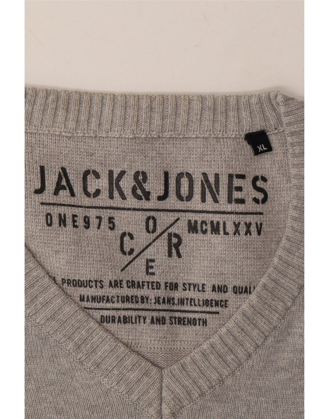 JACK & JONES Mens V-Neck Jumper Sweater XL Grey Cotton Vintage Jack & Jones and Second-Hand Jack & Jones from Messina Hembry 