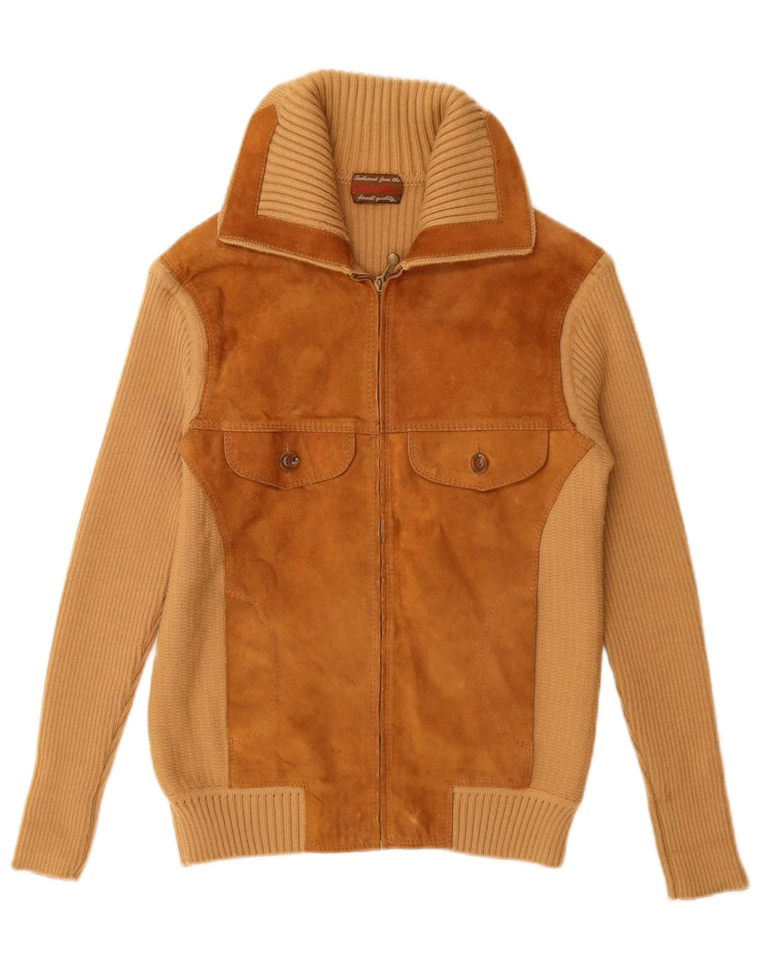 VINTAGE Damen-Strickjacke aus Wildleder, UK 12, Mittelbeige, Farbblock