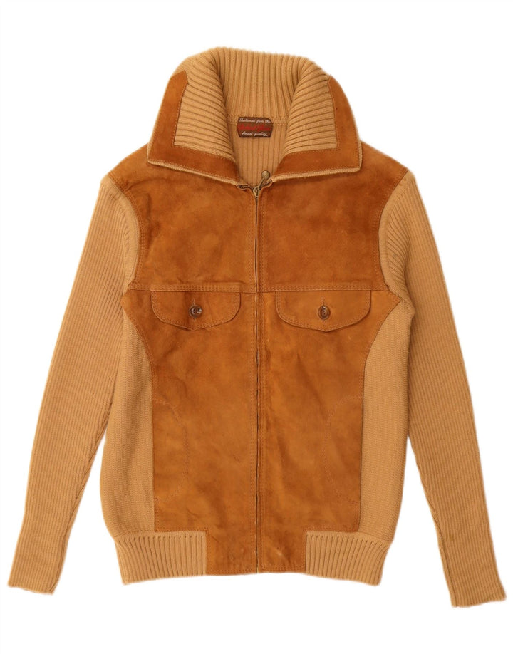 VINTAGE Damen-Strickjacke aus Wildleder, UK 12, Mittelbeige, Farbblock