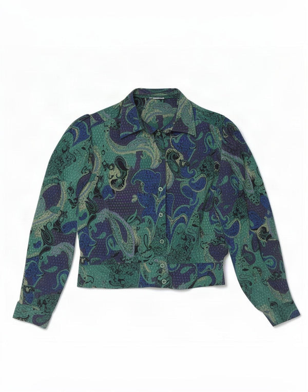 Vintage Womens Shirt Blouse UK 12 Medium Green Paisley