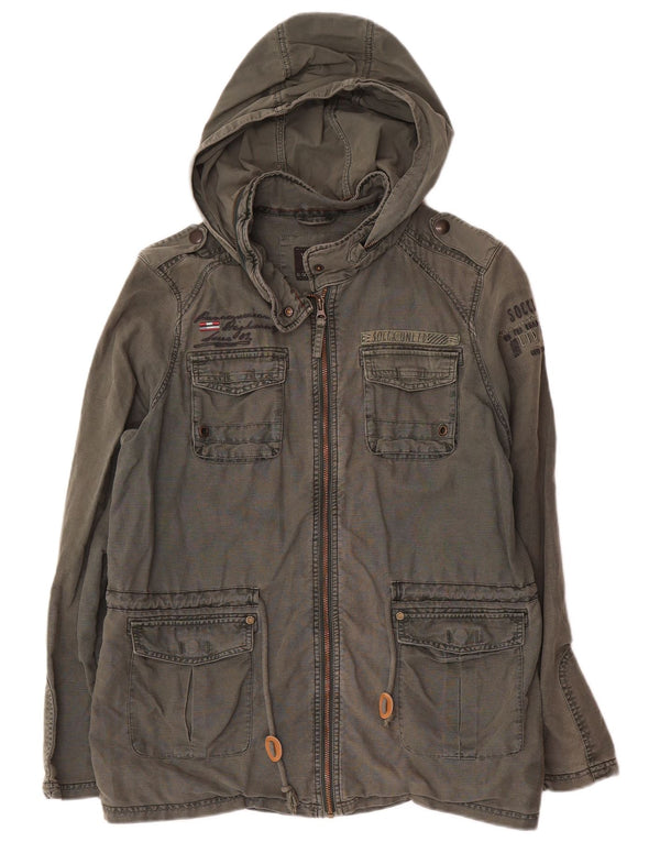 Soccx Herren-Militärjacke mit grafischer Kapuze, Größe 40, Khaki, Leinen