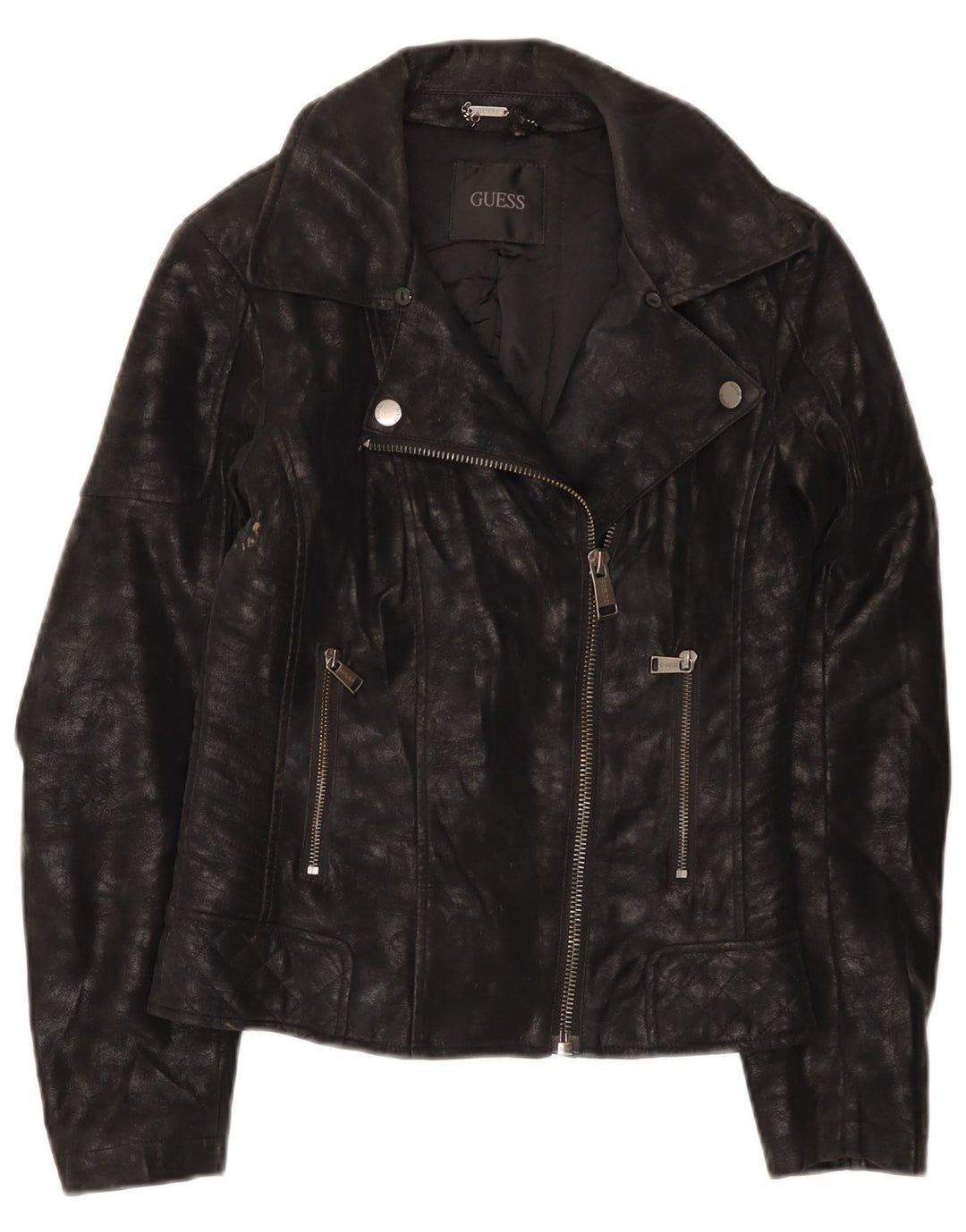 Guess Damen-Bikerjacke aus Kunstleder, UK 4 XS, schwarzes Polyurethan