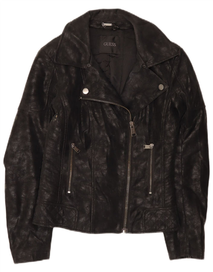 Guess Damen-Bikerjacke aus Kunstleder, UK 4 XS, schwarzes Polyurethan