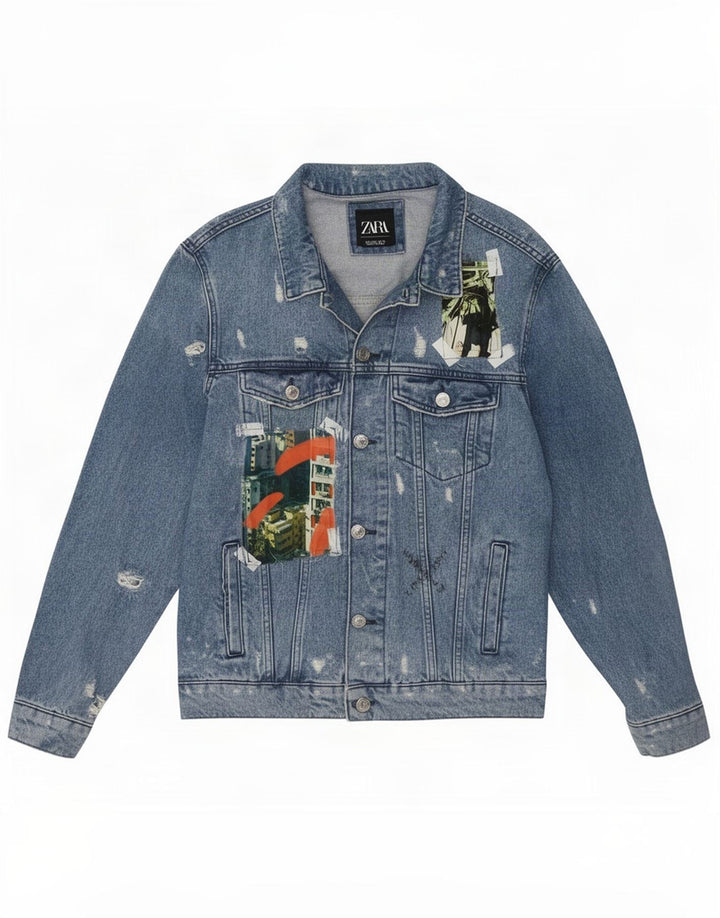 Zara Herren-Jeansjacke im Used-Look mit Künstlergrafik, Größe 42, groß, blau, Patchwork