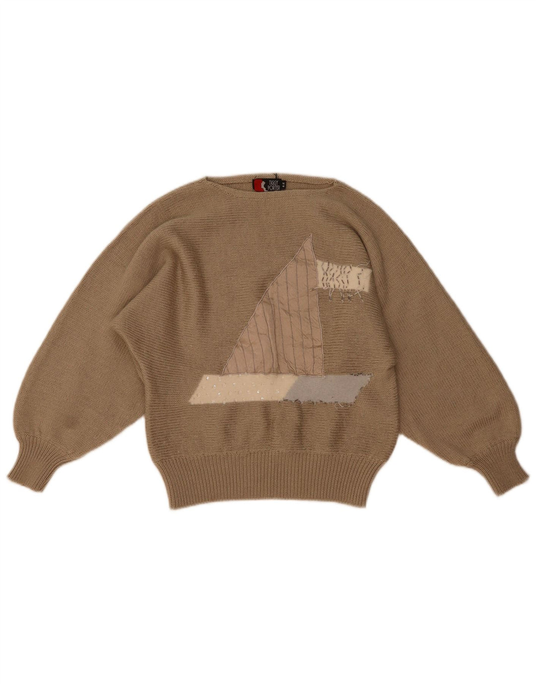 Vintage Damen Pullover mit grafischem U-Boot-Ausschnitt, IT 42, Mittelbraun
