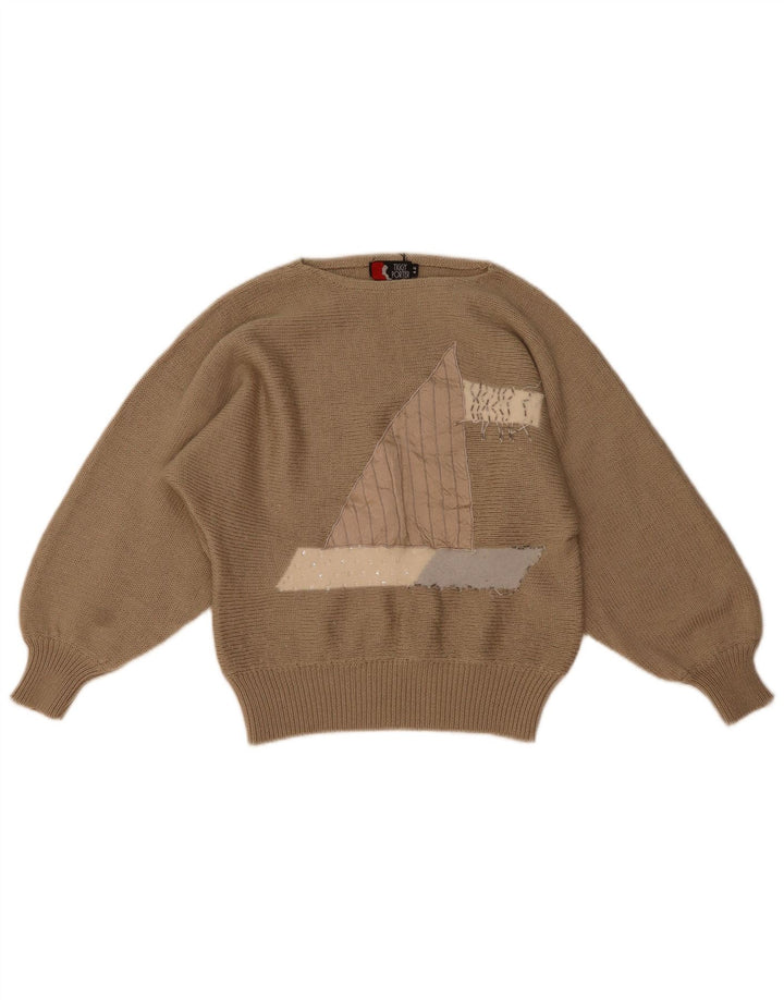 Vintage Damen Pullover mit grafischem U-Boot-Ausschnitt, IT 42, Mittelbraun