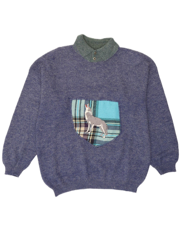 Blue Flame Mens Graphic Polo Neck Jumper Sweater XL Flecked