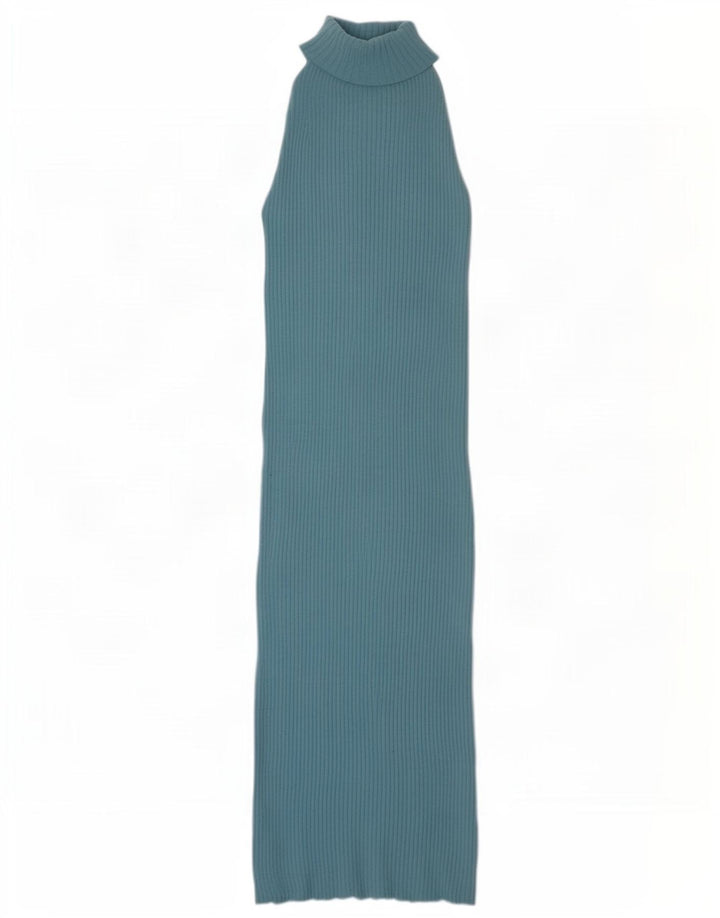 Zara Damen Maxi-Neckholder-Kleid UK 12 Mittelblaues Nylon